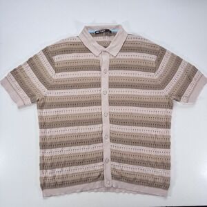 MR TURK Logan‎ Short Sleeve Polo Knit Button Up Shirt Beige Stripe Mens Large